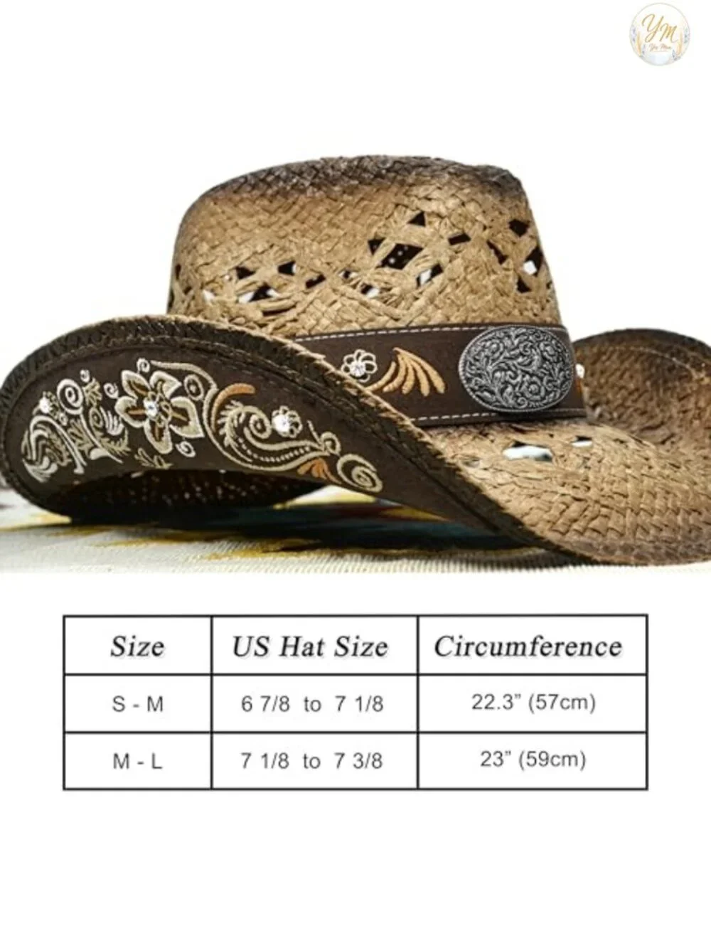 Embroidered Straw Cowboy Hat for Women Men Western Cowgirl